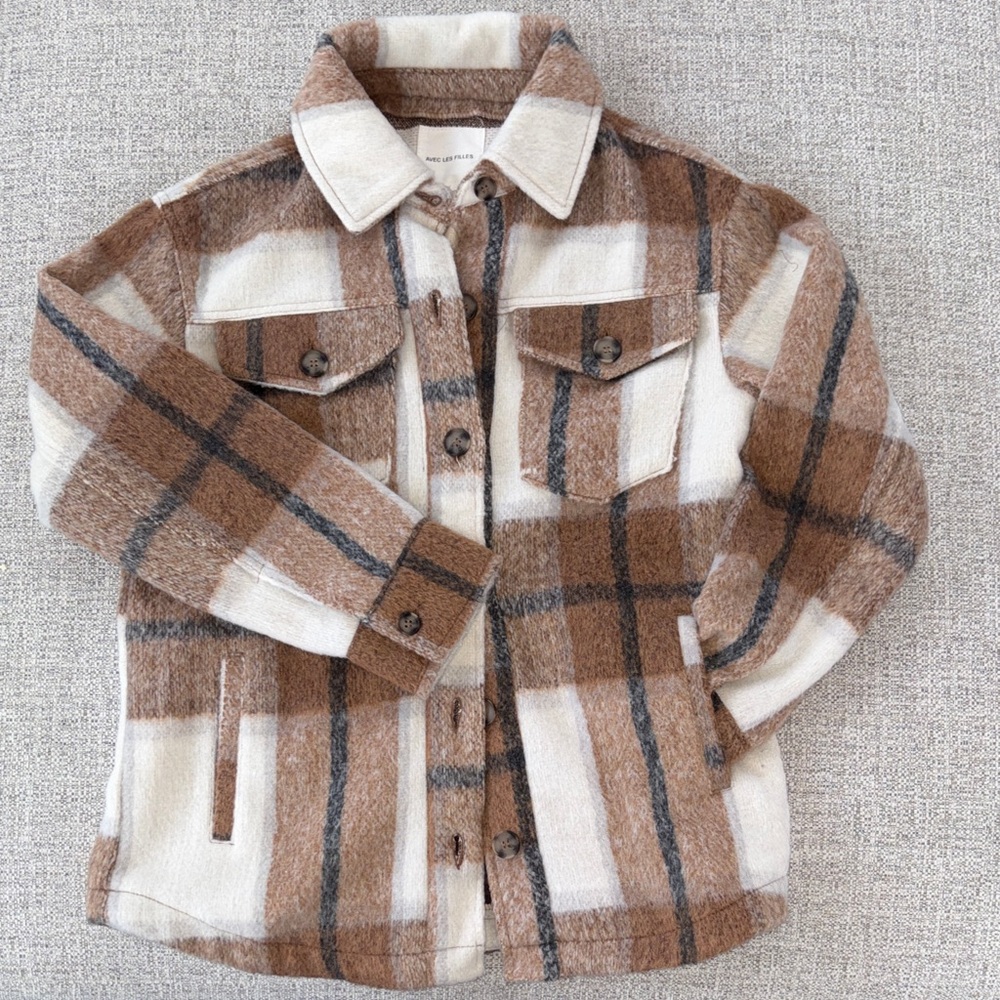 Avec Les Filles Plaid Button Down Shirt - Brown and Cream